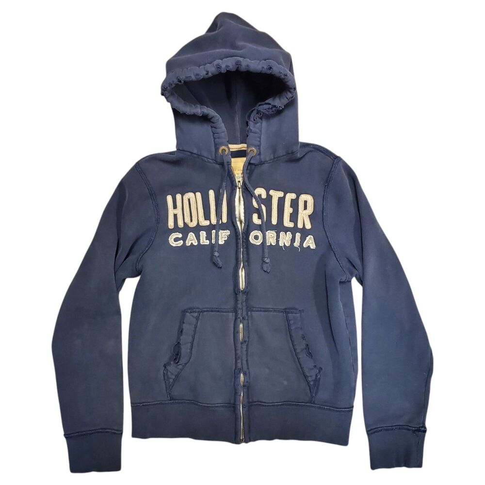 HOLLISTER Sweater Womens Medium Blue Spell Out Pockets Full Zip Hoodie Distress